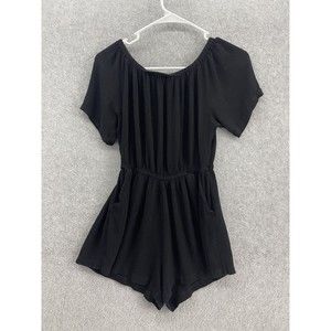 Oak + Fort Women's Romper Solid Black Shorts Size OS Crinkle Elastic Off Shoulde